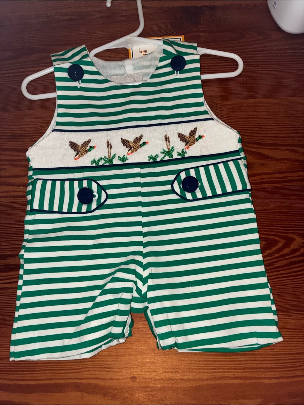 Green & White Striped Kids Shortall with Duck Embroidery